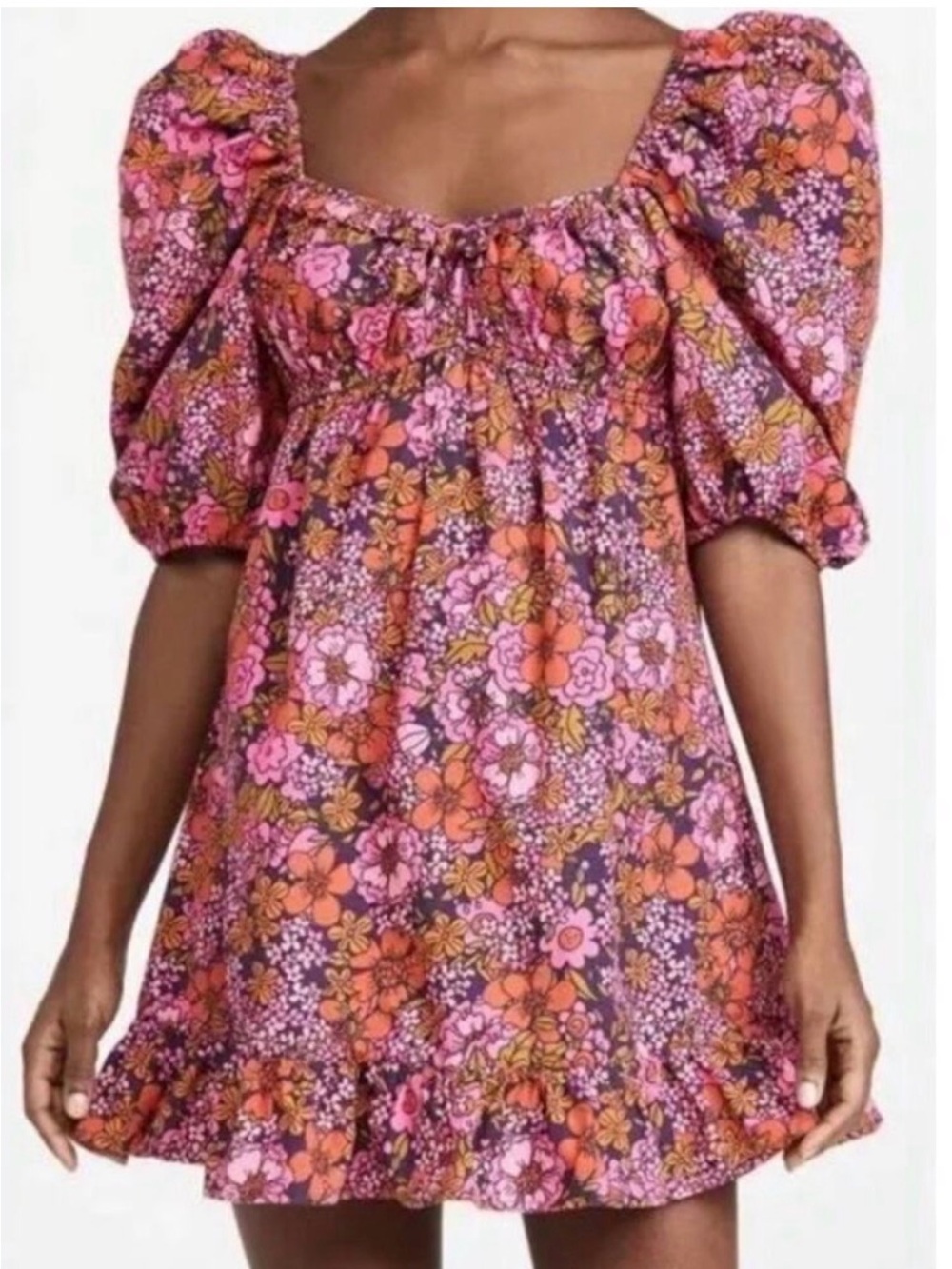 RAHI Floral Puff-Sleeve Mini Dress in Pink & Red